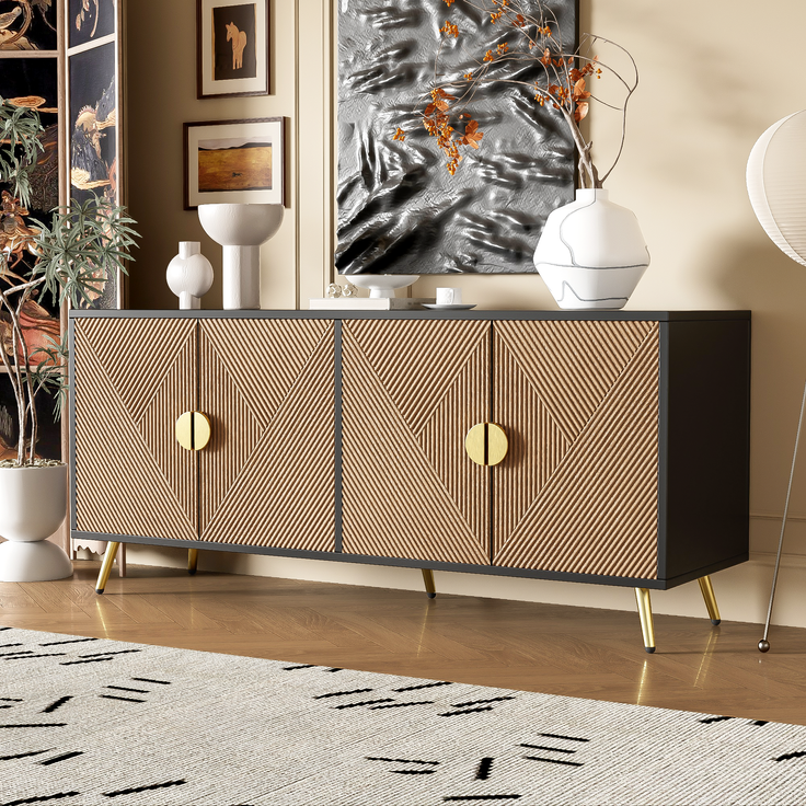 Sideboard, MDF/PB mit 4 Türen & Soft-Close, 160x40x75 cm, Schwarz/Holzfarben – Bild 2