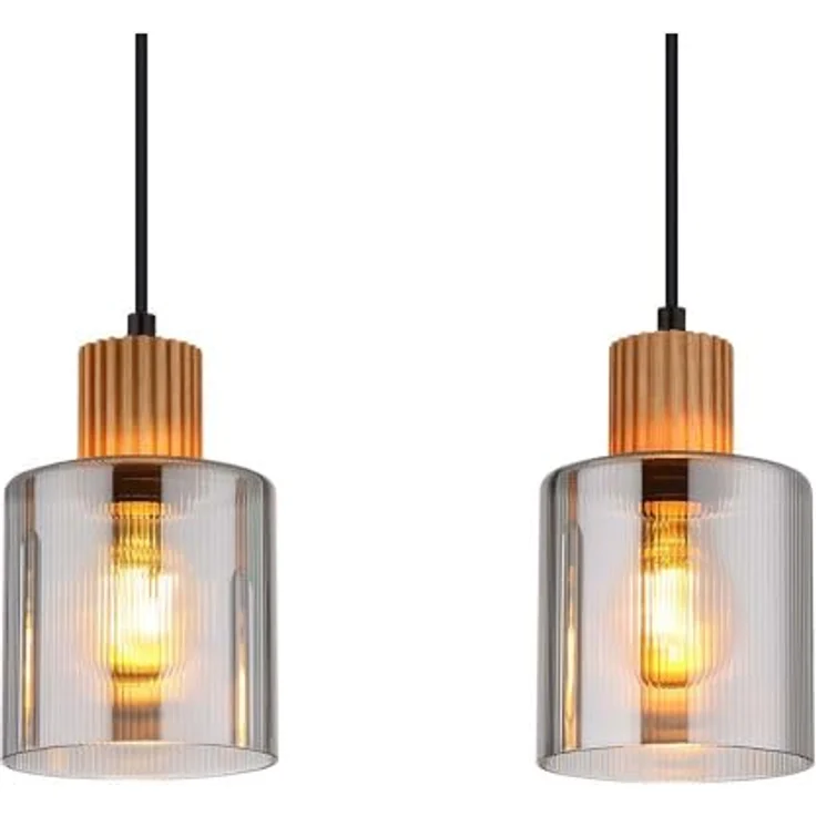 Globo Lighting ALEIDIS, Hängeleuchte mit vier rauchfarbenen Glashängern und Holzapplikationen, H 120 cm – Bild 4
