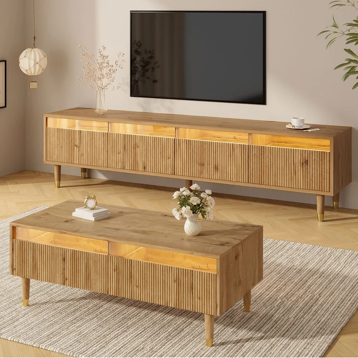 DESVIAE TV-Schrank-Set 2-tlg. mit LED-Beleuchtung, 178x45x35 cm und 110x40x50 cm, MDF, Holzfarben – Bild 2