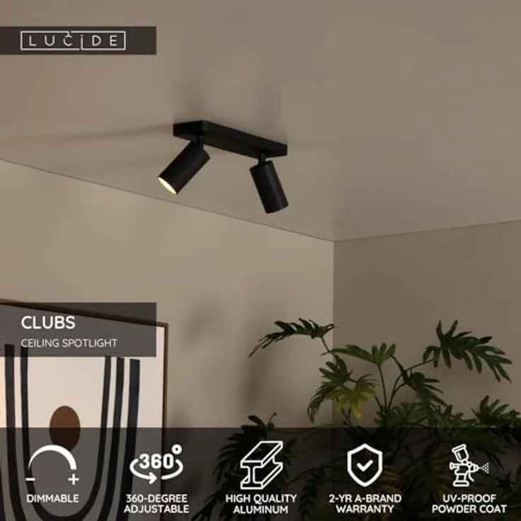 LUCIDE CLUBS, Deckenstrahler mit 2xGU10, dreh- und kippbar, Schwarz, Aluminium, dimmbar (Dimmer nicht enthalten) – Bild 3