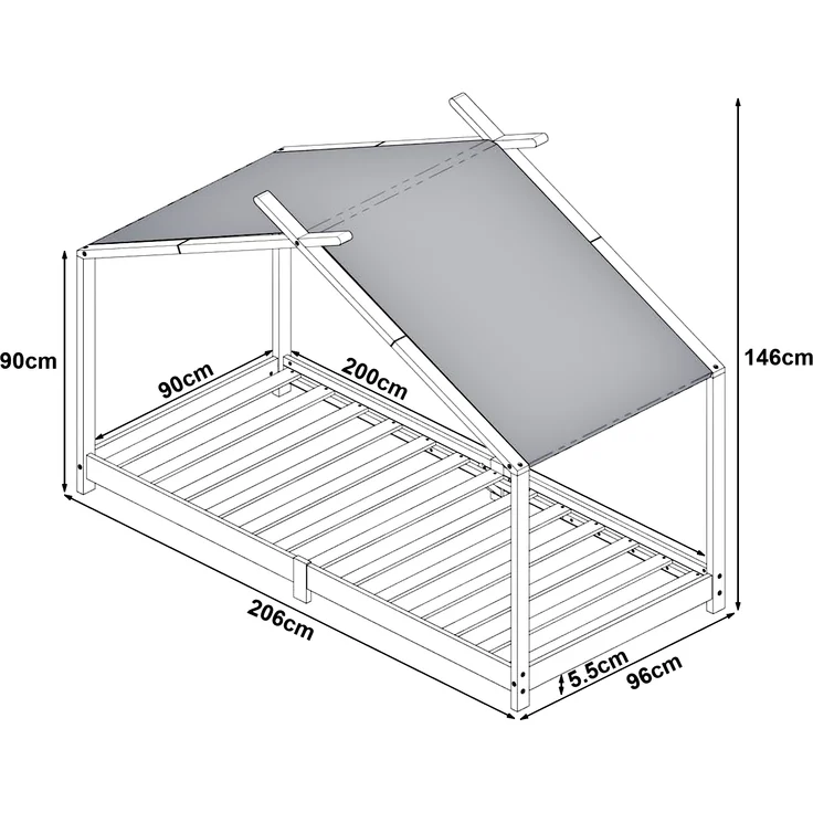 Hausbett Kinderbett Brome aus Holz 90x200 cm grau mit Lattenrost [en. casa] – Bild 4