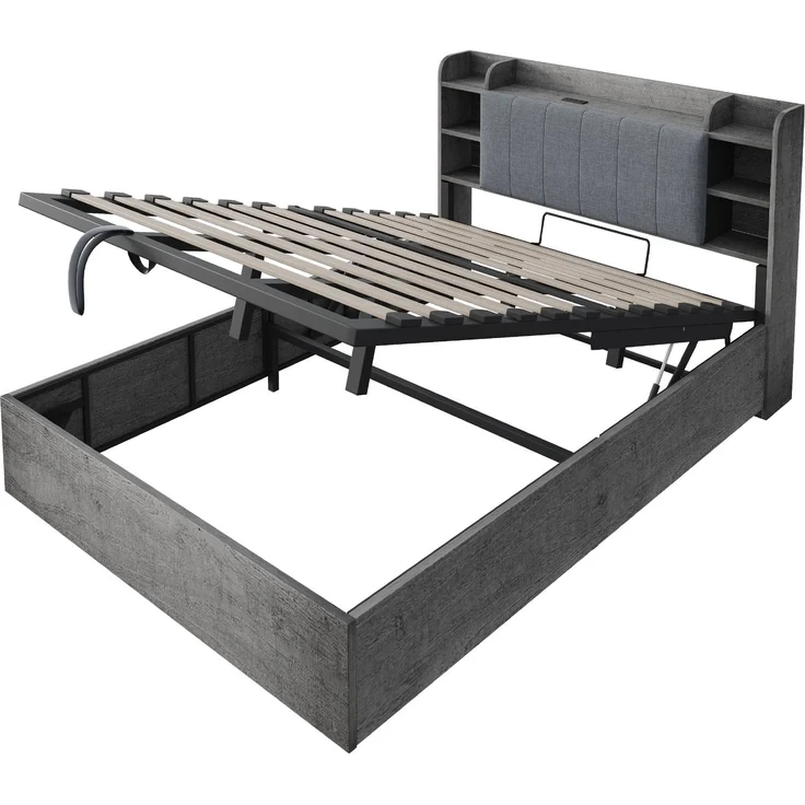 Merax Doppelbett, 180 x 200 cm, Holzbett, Hydraulisches Bett, Kopfteil mit Stauraum, Ausgestattet mit USB-Anschluss und Tape-C-Steckdose, (ohne Matratze) Grau – Bild 9