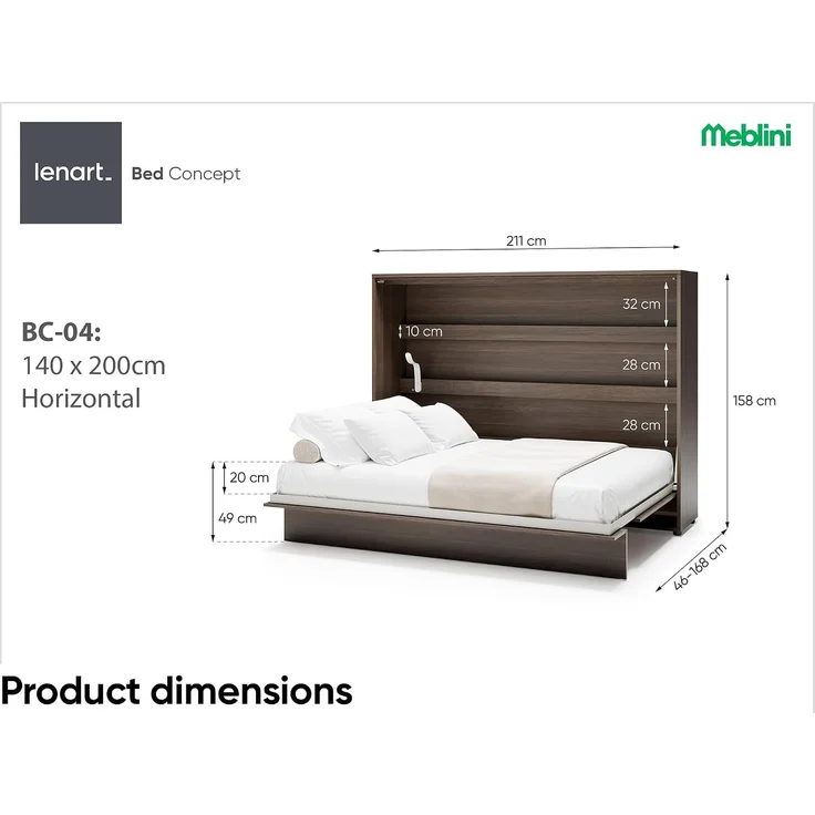 MEBLINI Schrankbett BC-04 - 140x200cm Horizontal - Dunin Eiche mit Matratze - Wandbett mit Lattenrost - Klappbett mit Schrank - Wandklappbett - Murphy Bed - Bettschrank – Bild 3