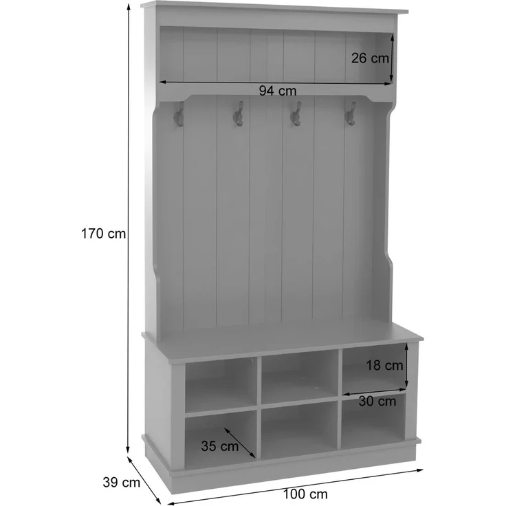 Garderobe HWC-P26, Flurgarderobe Holzgarderobe Sitzbank, 4 Haken Staufach Ablage Melamin 170x100x39cm ~ weiß – Bild 3