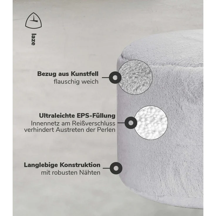 mokebo Pouf Der Flauschige (rund und aus Kunstfell), kuscheliger Sitz-Hocker, Fußhocker oder Hocker in Felloptik in Grau – Bild 4