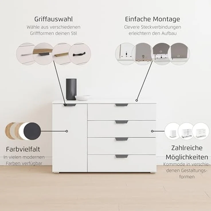 rauch Aditio Box, Kommode, 1-türig, 4 Schubladen, mit Glasfront, mit Softclose-Funktion, Farbe Weiß, BxHxT 120x81x42cm – Bild 3