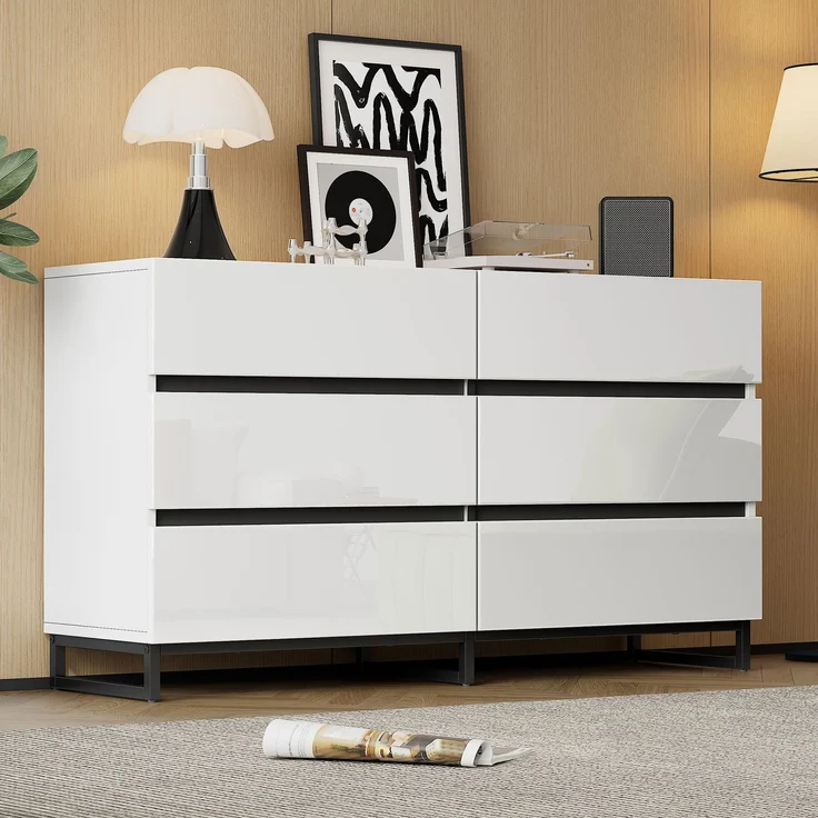 Sideboard 140 x 39,5 x 78,5 cm Weiß mit 6 Schubladen, Hochglanzfront, Metallfüße, großer Stauraum, symmetrisches Design – Bild 5