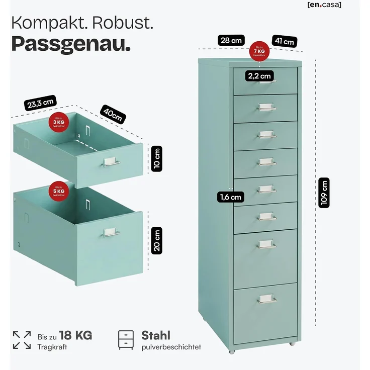 Rollcontainer Kökar mit 8 Schubladen 109x28x41 cm Mintgrün [en. casa] – Bild 2