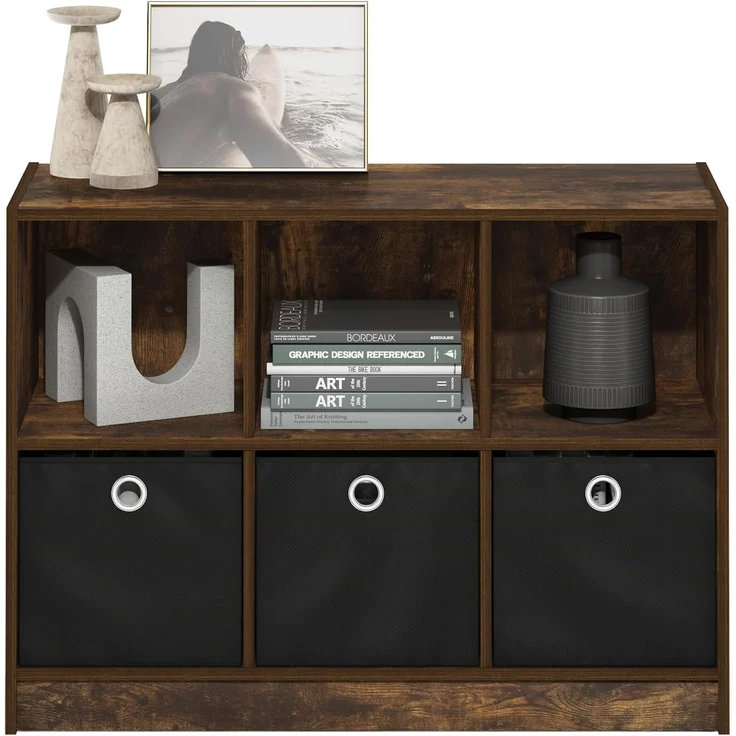 Furinno Basic 3x2 Bücherregal mit Stauraum und Fächern, Bernsteinkiefer/Schwarz – Bild 4