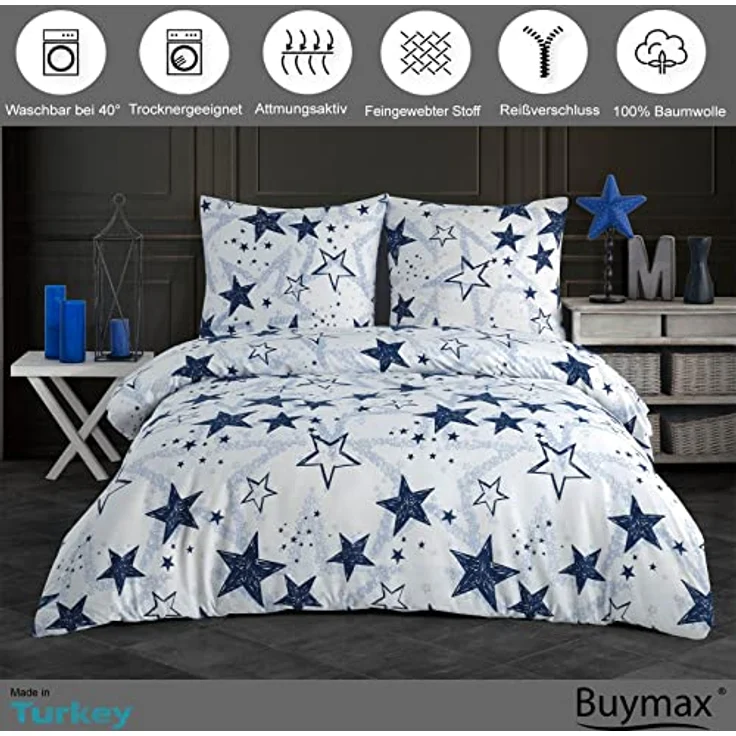Buymax Bettwäsche, Renforcé: 100% Baumwolle, 3 teilig, Bettbezug-Set, 200x200 cm, mit Reißverschluss Sterne Stars Weiß Blau – Bild 3