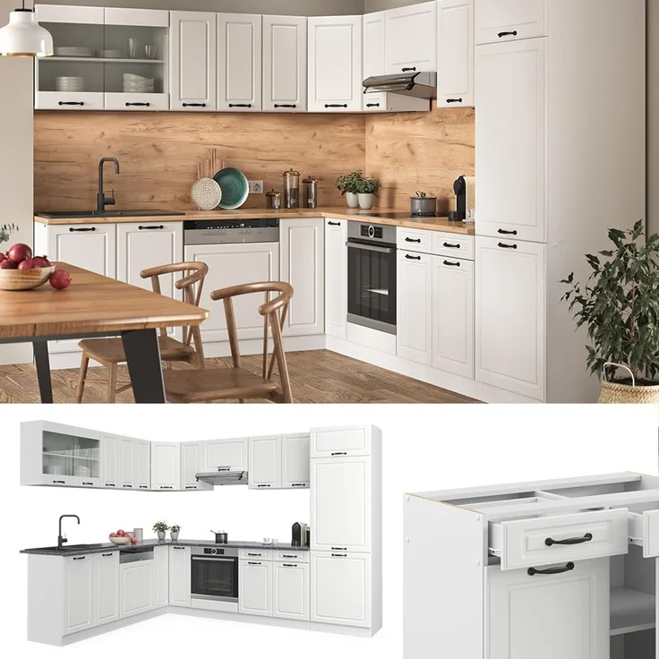 Eckküche R-Line Weiß Landhaus/Weiß 287 x 227 cm, AP Marmor Vicco – Bild 5