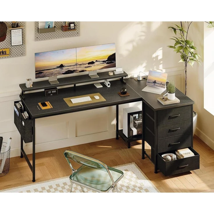 ODK L-förmiger Schreibtisch Schwarz USB-Ladestation 4 Schubladen 160x80cm – Bild 2