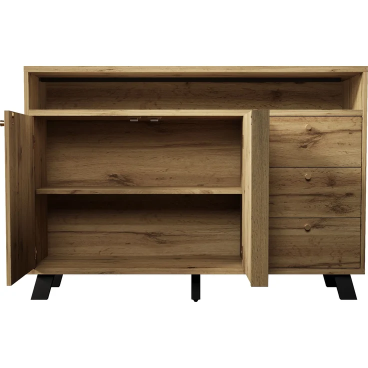 Merax Sideboard Kommode mit 3 Schubladen und 2 Türen Stauraumschrank mit offenem Fach und Lamellenfront im Vintage Stil für Wohnzimmer Esszimmer Flur und Eingangsbereich in dunkler Eiche – Bild 8
