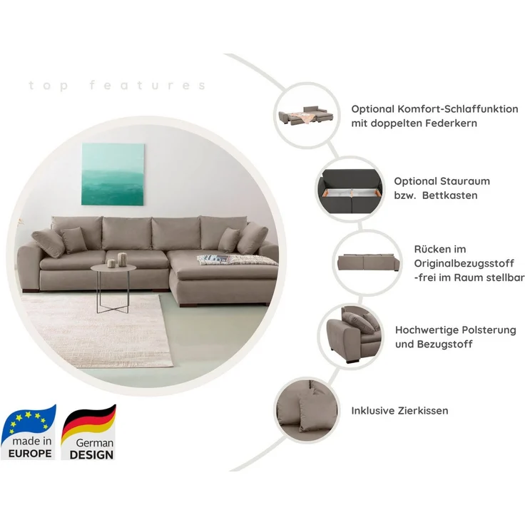Home affaire Ecksofa Cara Mia L-Form, B: 325 cm - OTTO. Verlässliche Qualität, mit 4 Zierkissen, optional Bettfunktion & Bettkasten – Bild 3