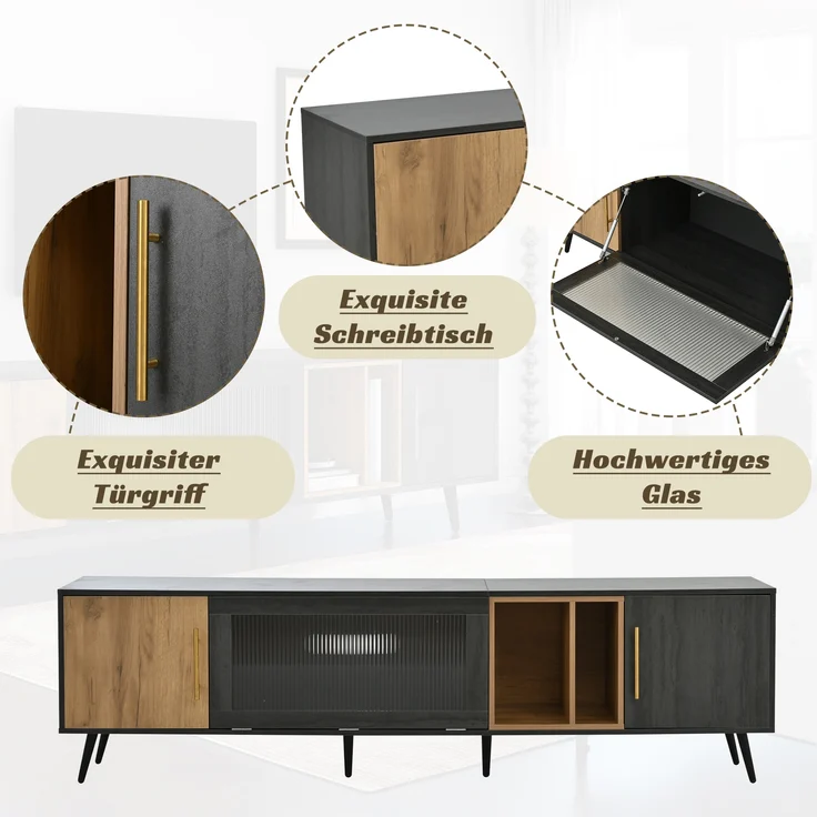 TV-Schrank Lowboard aus MDF mit Klappglasfront & Kabelmanagement, für bis zu 90 Zoll, 200x40x55,5 cm, Grau – Bild 7