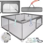 sun baby Laufstall mit grünen Griffen 150x200 cm 0-2 Jahre Grau, Polyester, Netzwände, Eingang mit Reißverschluss, rutschfeste Füße, Tragetasche im Set, Metallrahmen