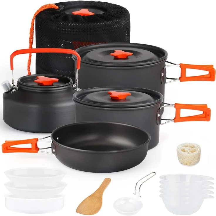 Rhein Beleuchtung Topf-Set Camping Kochgeschirr Set 16-tlg. – Camping Topf & Camping Geschirr, Aluminium (16-tlg, Mit Suppentopf, Antihaftpfanne, Wasserkocher & Geschirr komplett), Leicht, stapelbar & tragbar – inkl. Tasche für Outdoor und Camping – Bild 1