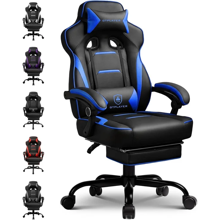 GTPLAYER Gaming Stuhl mit Fußstütze, Ergonomischer Bürostuhl 180kg, Schwerlast Gaming Sessel mit Lendenwirbelstütze und Kopfstütze, Höhenverstellbarer Computerstuhl, Gepolstert, neigbare 155°, BLAU – Bild 1
