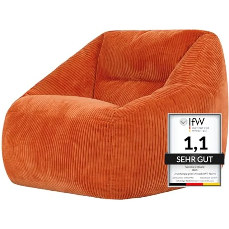Icon Natalia Sitzsack Sessel für Erwachsene, Orange, Flauschiger Cord Stoff, Riesen Sitzsack Cord mit Füllung, Bean Bag Chair, Bequemer Sessel Wohnzimmer, Lounge, Schlafzimmer, Büro – Bild 6