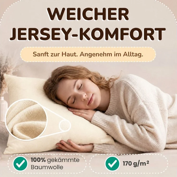 leevitex® Kissenbezüge Kissenbezug 40 x 40 cm, 2er Set, Creme/Naturweiß, (2 Stück), feine Jersey-Qualität, 100% Baumwolle, robuster Reißverschluss – Bild 2