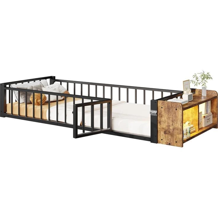 Merax Einzelbett, Kinderbett, Metallbett, 90 x 200 cm, Metallbettgestell, mit Schutzgeländer, ohne Matratze, Schließfächern, LED-Streifenleuchten, Schwarz – Bild 10