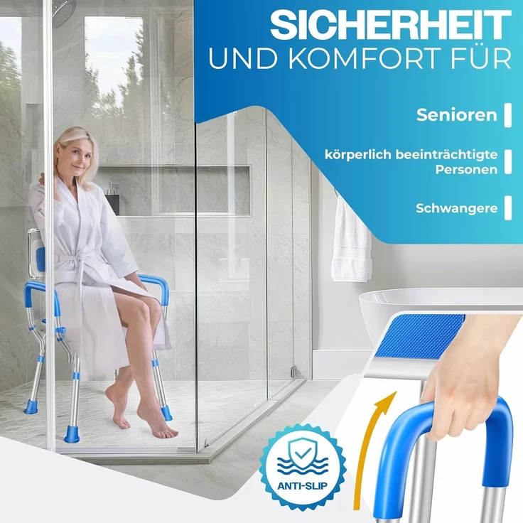 KESSER® Duschhocker mit Lehne, höhenverstellbar in 6 Stufen, 38-54cm, 150 kg belastbar, Anti-Rutsch Füße & Matten, Duschhilfe Senioren & Schwangere Duschsitz mit Brausehalterung, Weiß / Blau, 43 x 51 x 71-86 cm – Bild 6