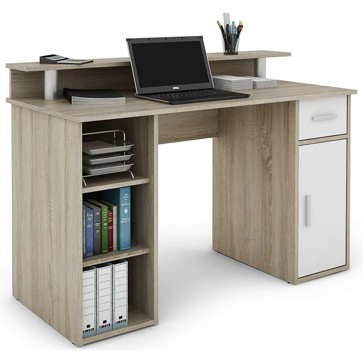 byLIVING Schreibtisch DIEGO / Arbeits-Tisch mit viel Stauraum in Sonoma Eichen-Holz-Optik / Fronten in Weiß / Computer-Tisch / 1 Schublade, 1 Tür, 3 offene Fächer / 120 x 88 x 55 cm (BxHxT)