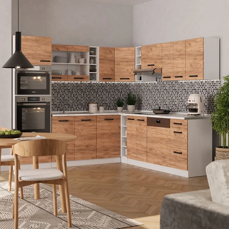 Eckküche R-Line Goldkraft Eiche/Weiß 247 x 60 cm AP Eiche Vicco – Bild 1
