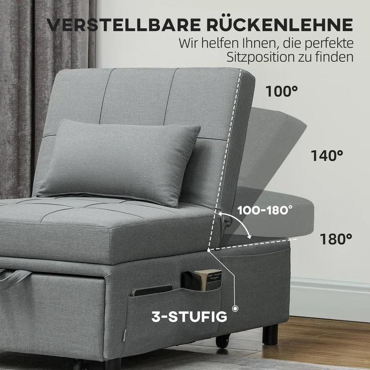 3-in-1 Klappsessel mit Seitentasche, Gästebett mit Kissen, verstellbarer Rückenlehne, Bettsessel mit Rollen, Hellgrau--Hellgrau--104x65.5x81cm--YOUDENOVA – Bild 7