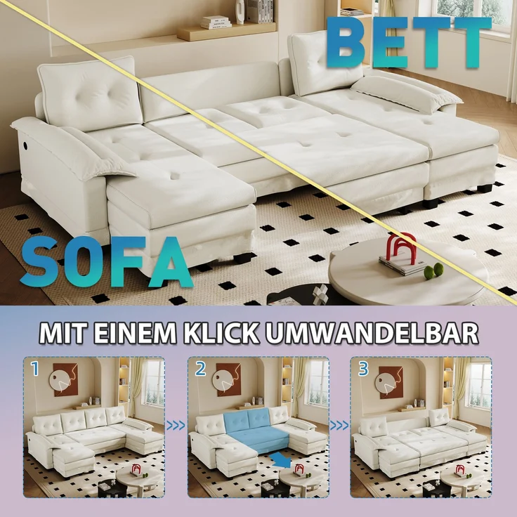 ZUBALIYA Schlafsofa 127x87 cm, mit USB - Anschluss, mit Ausziehbett, mit Chenille - Bezug, mit Samtbezug, modular aufgebaut, Weiß – Bild 11
