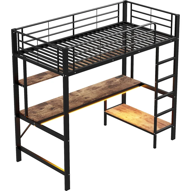 Hochbett 90x200 cm, Kinderbett und Jugendbett, mit Schreibtisch, mehrstöckigem Regal, LED-Licht und USB/Steckdose, Metall, Schwarz – Bild 7