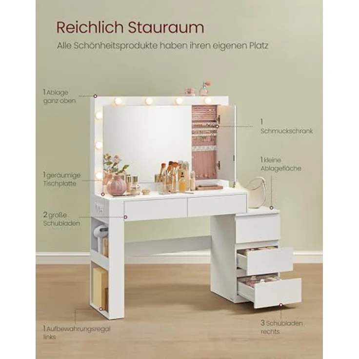 VASAGLE Schminktisch mit LED-Beleuchtung, mit Spiegel, Steckdosenleiste, mit Schubladen, modern, wolkenweiß, 40 x 125 x 140 cm – Bild 4