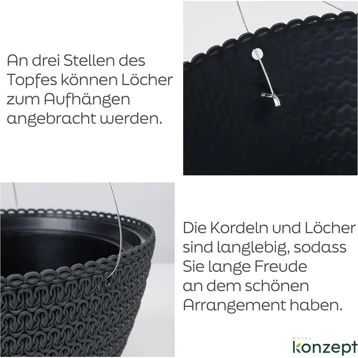 KONZEPT Blumenampel Hängend für Innen und Außen (Durchmesser: 30 cm Grau, Anthrazit, Weiß, Hängetopf für Pflanzen), geflochtenes Muster, robust – Bild 6