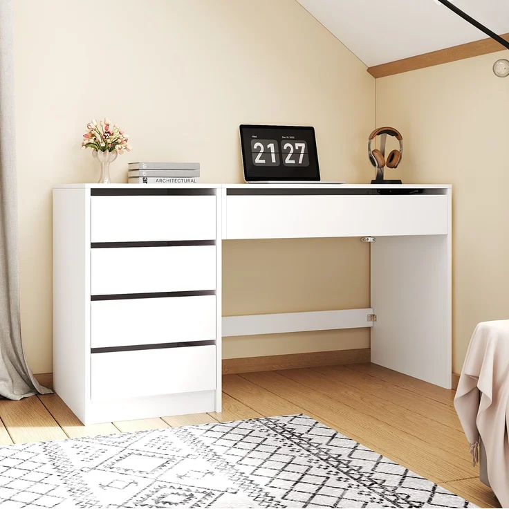 Schreibtisch aus Spanplatte mit Höhenverstellung und 4 Schubladen, 120x50x78–92 cm, Weiß – Bild 3