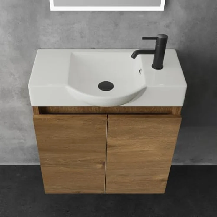 Alpenberger Badmöbel-Set Gäste WC Waschbecken mit Unterschrank 55 cm Breit, (Badschrank Klein, Badmöbel Set Eiche), Waschbeckenunterschrank mit Waschbecken – Bild 4