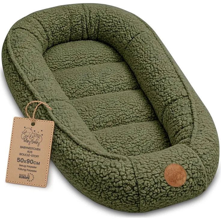 Babynest Nestchen Baby aus Teddy Plüsch 90x50 cm (1er Pack) - Babynestchen Neugeborene Nest für Kinder Bett und Babybett tragbar Kuschelnest Coccon für Jungen und Mädchen Olivgrün