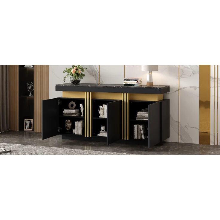 ZUBALIYA Sideboard 140x38x70 cm, mit 3 Türen, aus Spanplatte, Schwarz – Bild 7