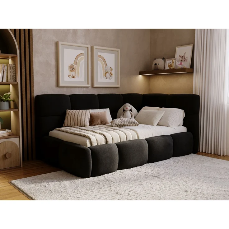 GRAINGOLD Modo One Jugendbett 90x200, Einzelbett mit Bettkasten, mit Lattenrost, Velvet-Stoff, Links, Schwarz – Bild 1