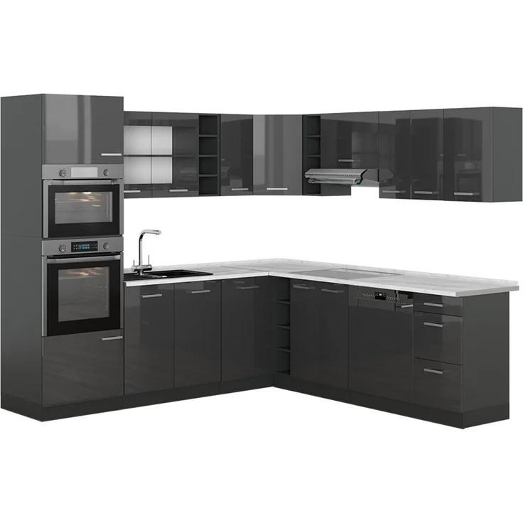 Eckküche R-Line Anthrazit Hochglanz/Anthrazit 247 x 237 cm, AP Marmor Vicco – Bild 1