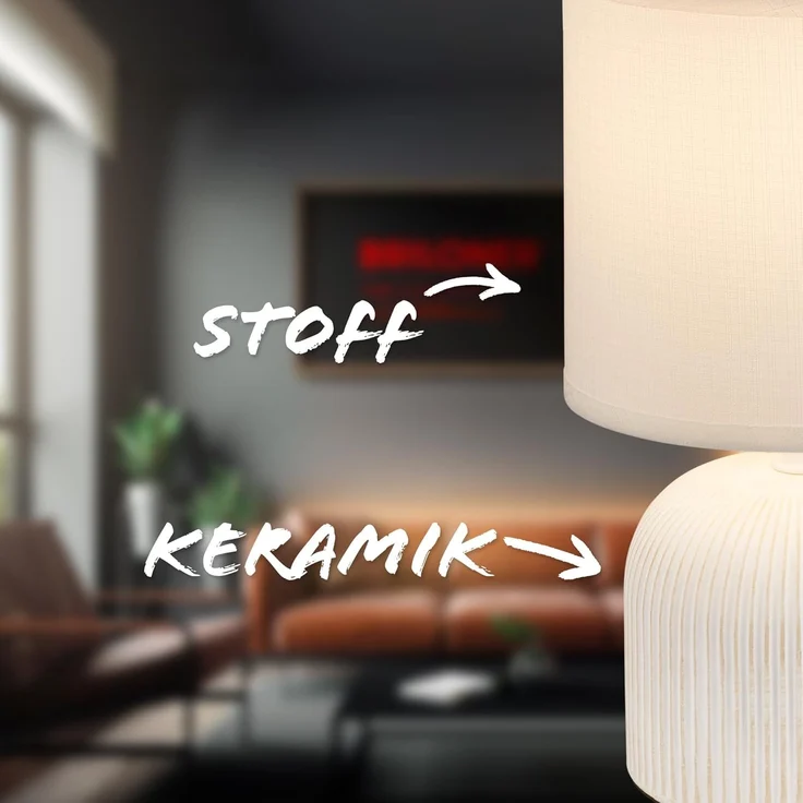 BRILONER - Tischlampe mit Stoffschirm, Kabelschalter, Keramikfuß, Lampe, Nachttischlampe, Tischleuchte, Dekolampe Flur, Bürolampe, Leselampe, Wohnzimmer, Schlafzimmer, 15x28 cm (DxH), Weiß – Bild 3