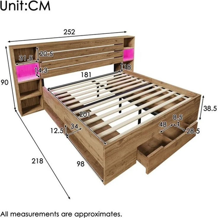 Flieks Holzbett, LED Doppelbett 180×200cm mit Aufladen, Stauraumfächer und Schubladen – Bild 4