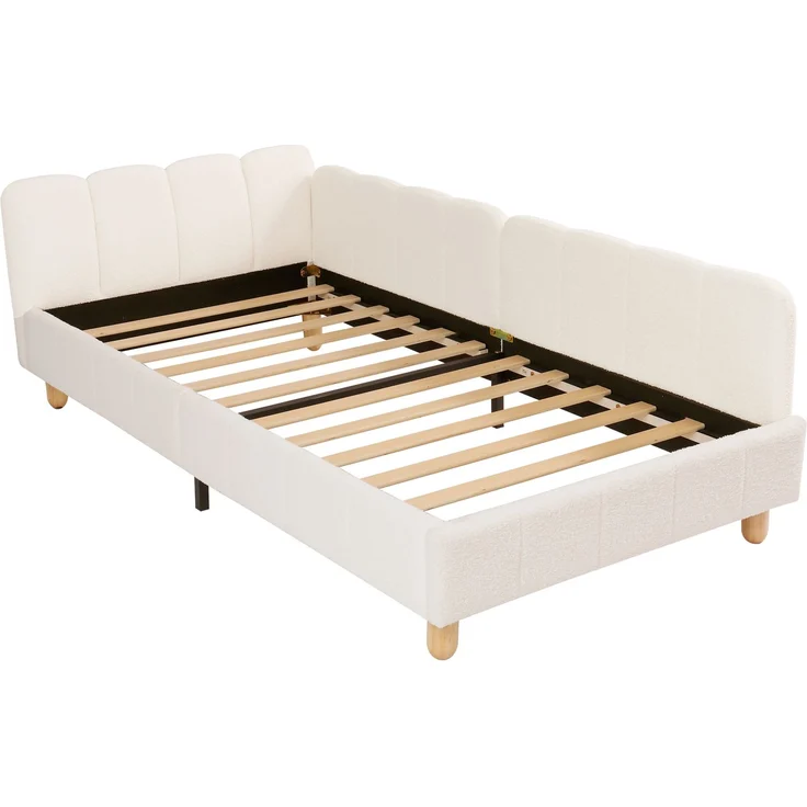 Merax Polsterbett, Einzelbett, Kinderbett 90x200 cm, Bett mit und gepolstertes Kopfteil und Rausfallschutz, Bettbeine aus Massivholz, bouclé, beige – Bild 9