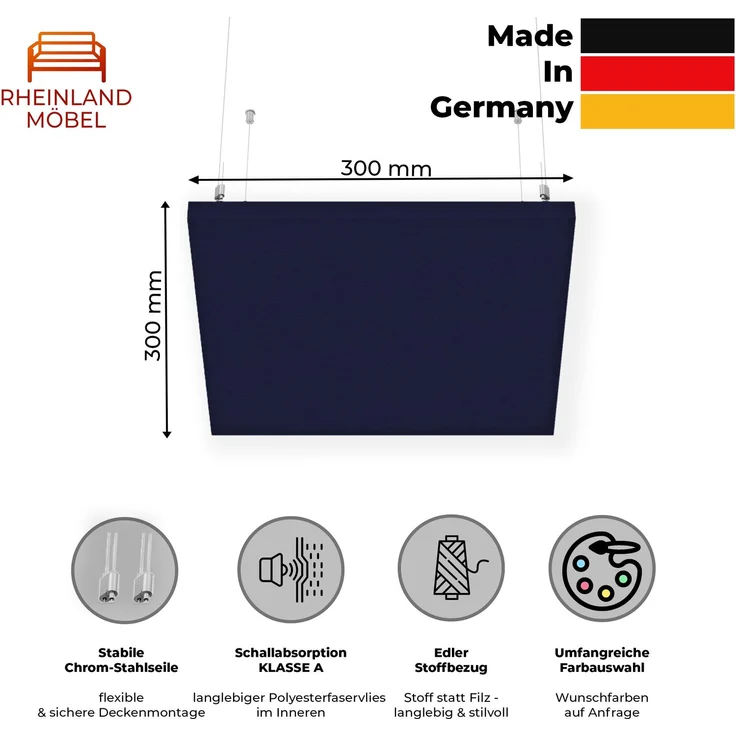 Rheinland Möbel FocusWall DAQ0303 – Quadratischer Akustik-Deckenabsorber 30×30 cm in Stofffarbe Ocean inkl. Chrom-Stahlseilen - Made in Germany - Klasse A, Stoffbezug, schwer entflammbar – Bild 2