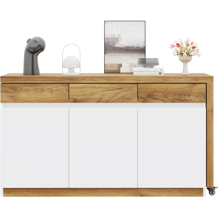 Schreibtisch-Set 78x120x45 cm mit Sideboard, Rollen und Stauraum, Weiß/Eiche-Optik – Bild 7