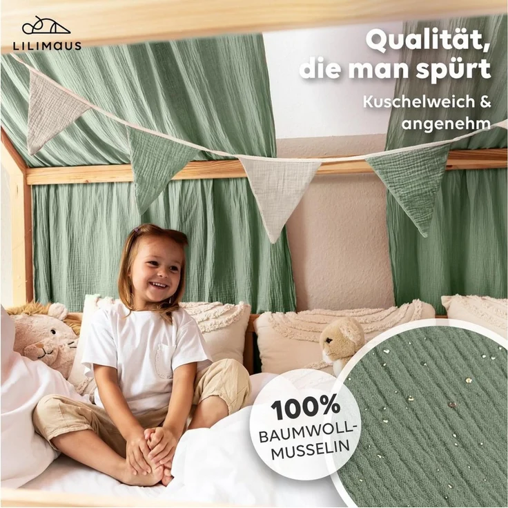 lilimaus Betthimmel Hausbett Himmel Gold aus Musselin - 2er-Set für Kinderbett (1-tlg), 2 Stoffbahnen mit feinen Goldapplikationen - schnell montiert – Bild 2