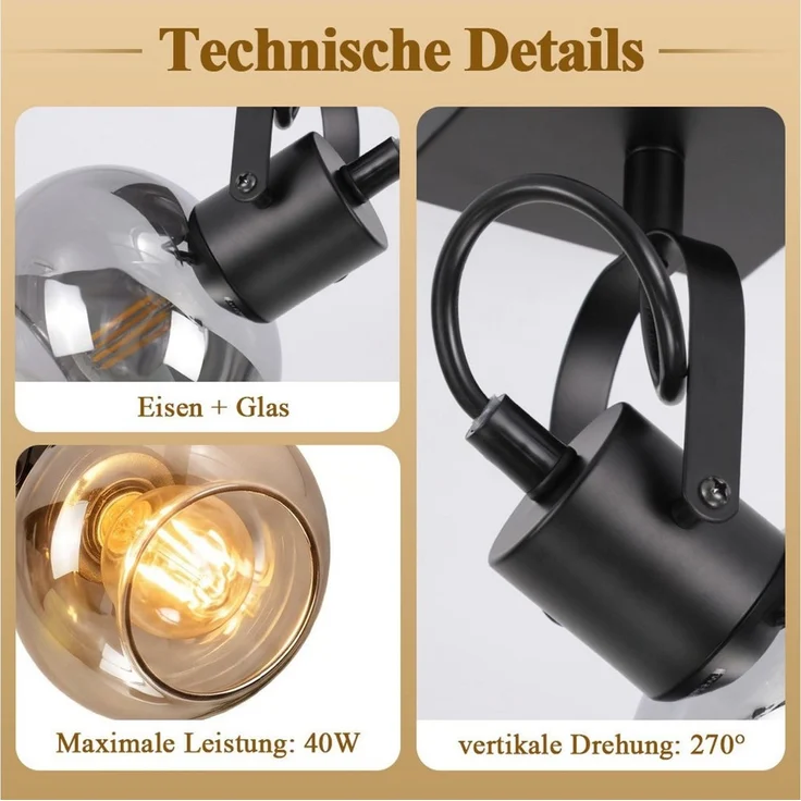 Nettlife Deckenstrahler 1/2/3/4 flammig schwarz Vintage Deckenspot Rauchgrau Glas E14, 350° Schwenkbar, ohne Leuchtmittel, Deckenspot Retro für Schlafzimmer, Flur, Küche Wohnzimmer – Bild 3