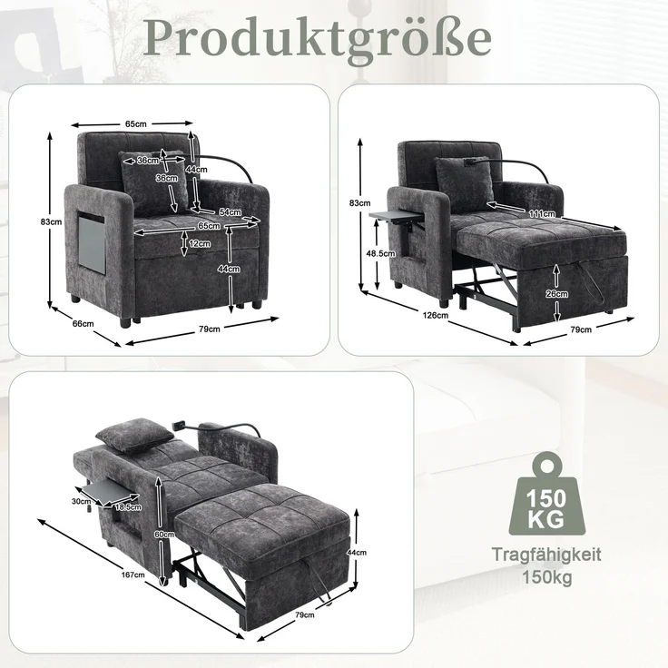 LVHOM Multifunktionaler Schlafsessel mit klappbarer Ablage, Ausziehbares 1-Sitzer Schlafsofa mit Handyhalter und Seitentaschen, Loungesessel, Dunkelgrau – Bild 6