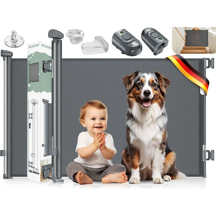KIDIZ® Treppenschutzgitter Türschutzgitter ausziehbar bis 140/180cm | kindersicheres Treppengitter für Babys & Haustiere | Schutzgitter Treppen & Türen Absperrgitter inkl. Bodenanker & Montagezubehör Anthrazit, 0-140cm – Bild 1