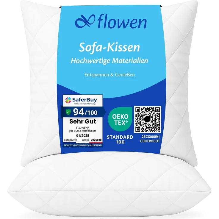 Flowen Kissen 35x35 Kopfkissen 2er Set für Sofa und Bett Innenkissen Hypoallergene Anti-Milben Kissenfüllung mit Weicher Gesteppter Kissenbezug 100% Polyester für Haus/Hotel