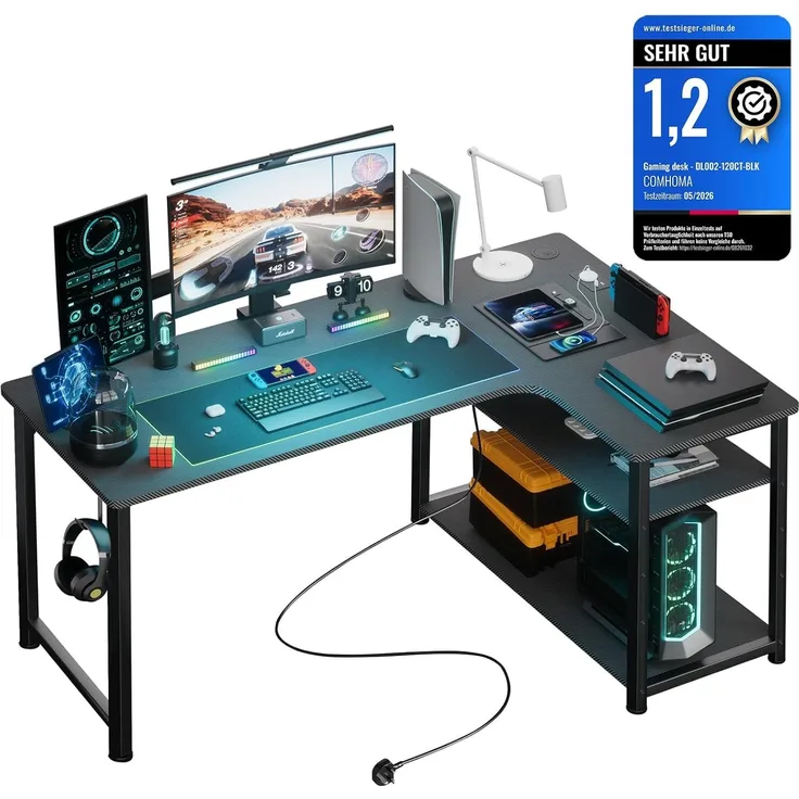 COMHOMA Gaming Tisch mit Steckdose 120 x 80cm Schreibtisch, Eckschreibtisch mit USB-Ladeanschluss und Regal, Computertisch L Form, PC Tisch für Büro, Heimbüro